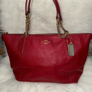 Coach Cherry Red Leather Tote with Gold Accents
